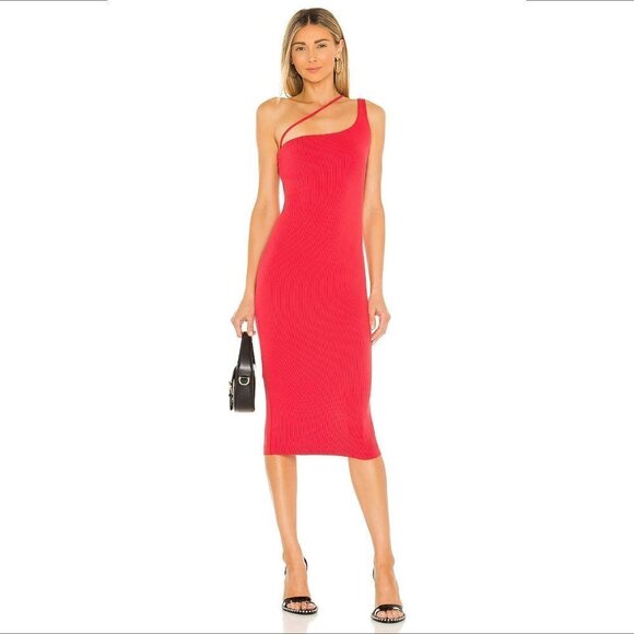 H:ours Niall midi dress red strappy kni ribbed bodycon one shoulder Medium - Picture 1 of 5